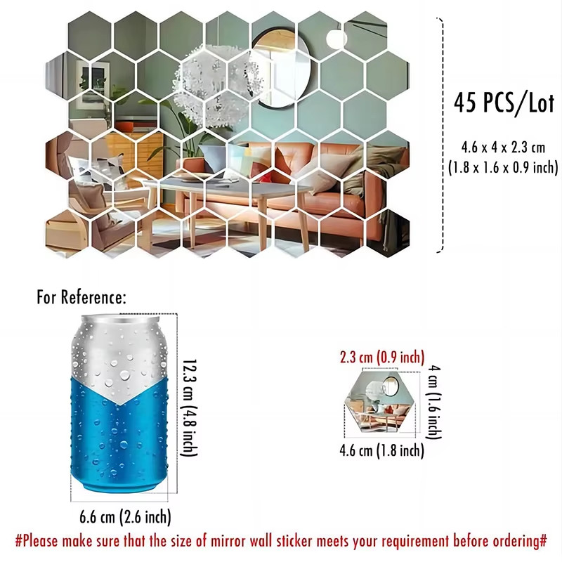45Pcs Mirror Wall Sticker, Hexagon Wall Art Sticker, DIY Household Decorative Ti