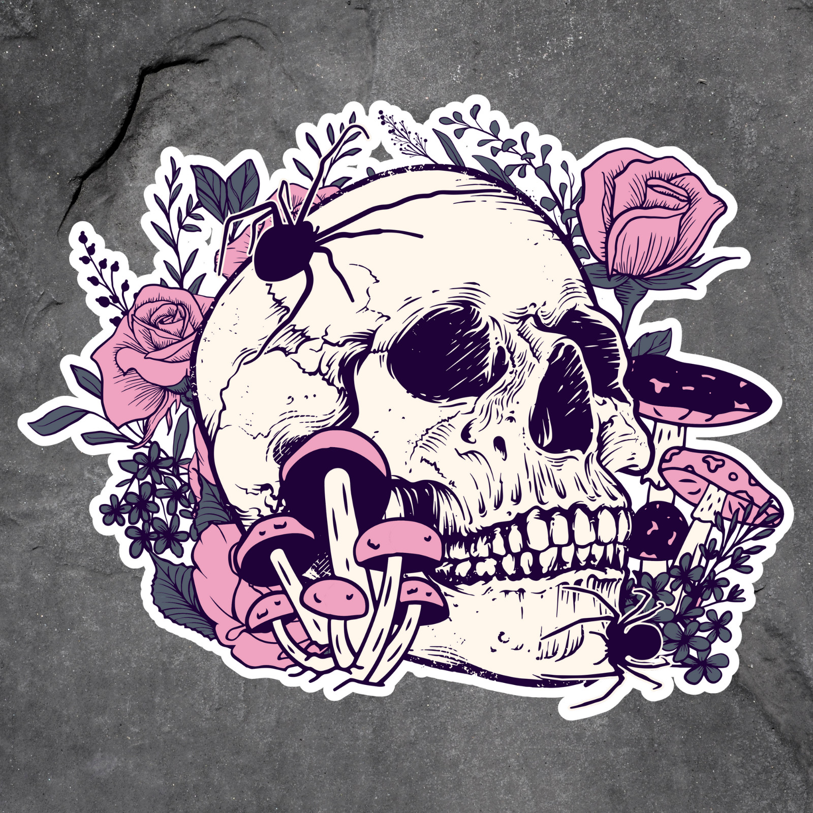 Gothic Sticker Vinyl Decal Skull Flowers Mushrooms Dark Floral Aesthetic