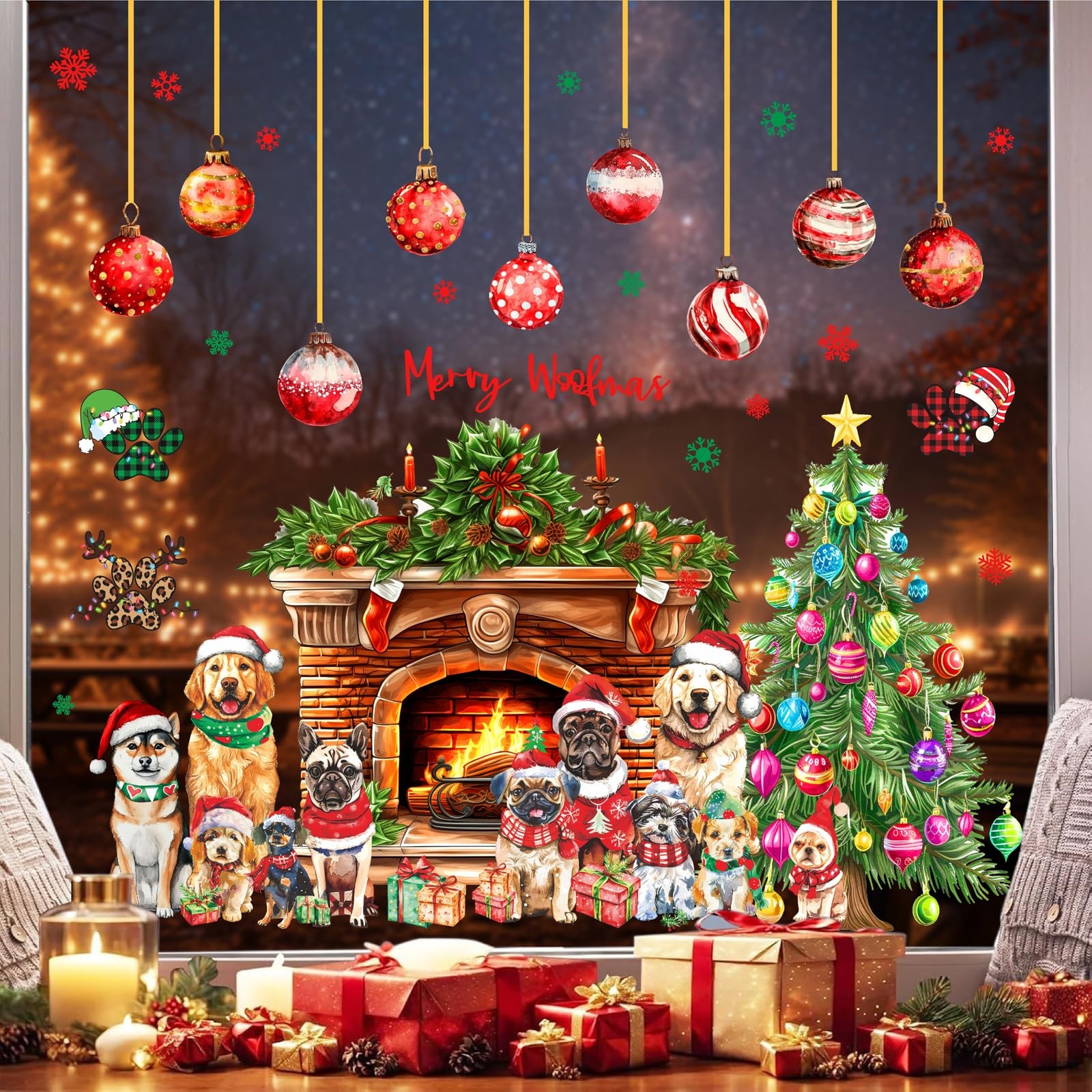 Christmas Tree Fireplace Wall Decals Large Christmas Bell Snowflake Wall Stic…