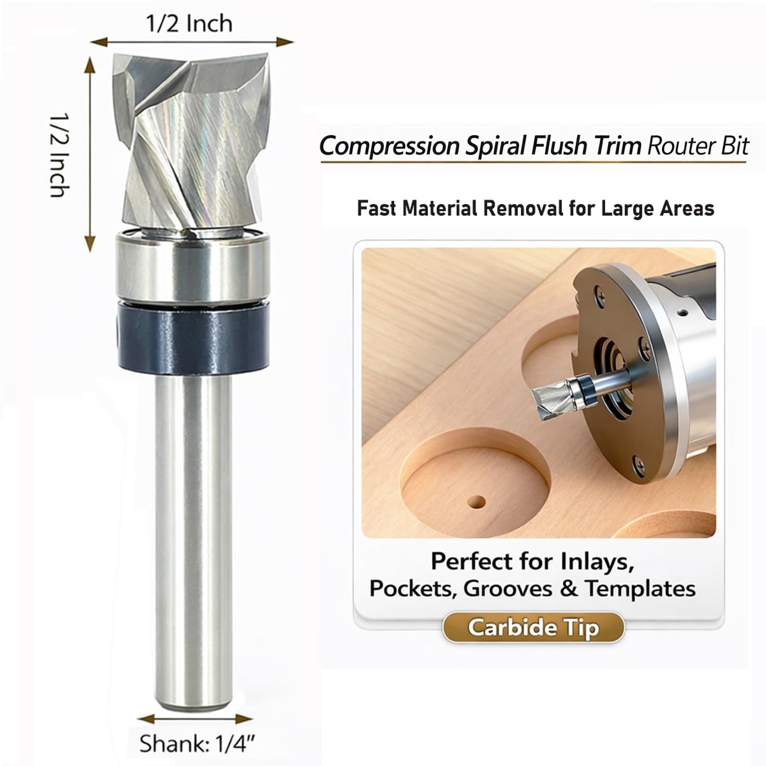 Solid Carbide Compression Flush Trim Router Bit 1/4 Shank, 2+2 Flute, 1/2″ Di…