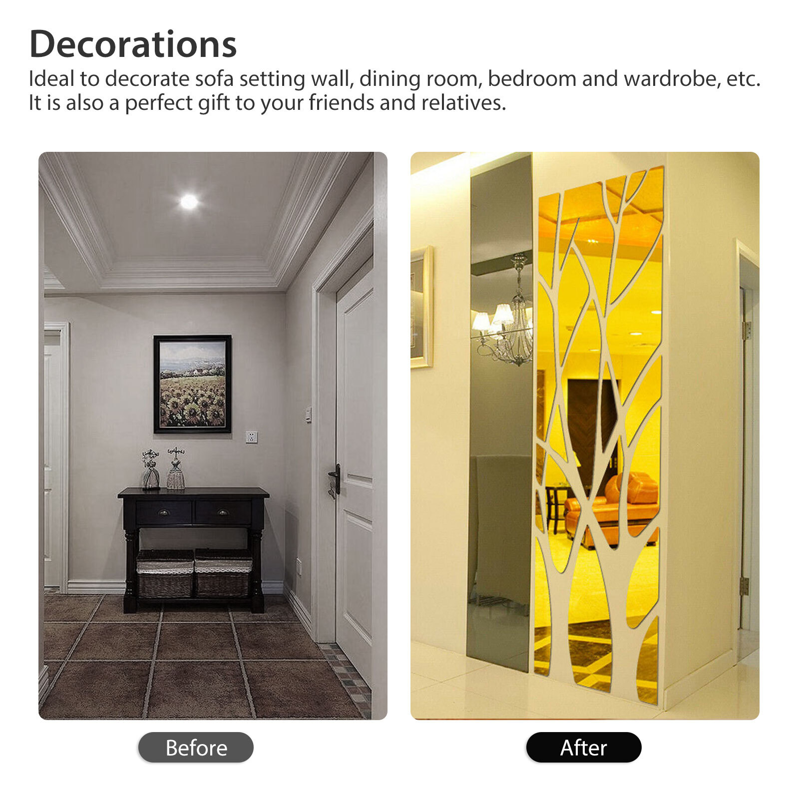 Acrylic Mirror Tree Wall Sticker 3D Modern Art Removable Decal for Home Decor