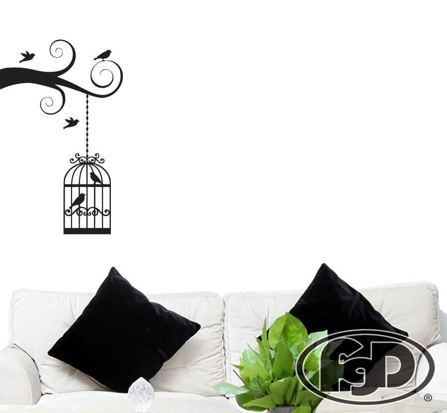 FGD Tree Branch and Birdcage Vinyl Wall Decal / Sticker 20″ x 32″