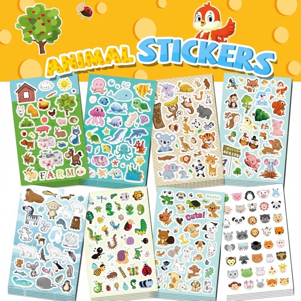 8 Sheets 200+pcs Animal Sticker for Kids, Children, Teacher, Parent,Bottle