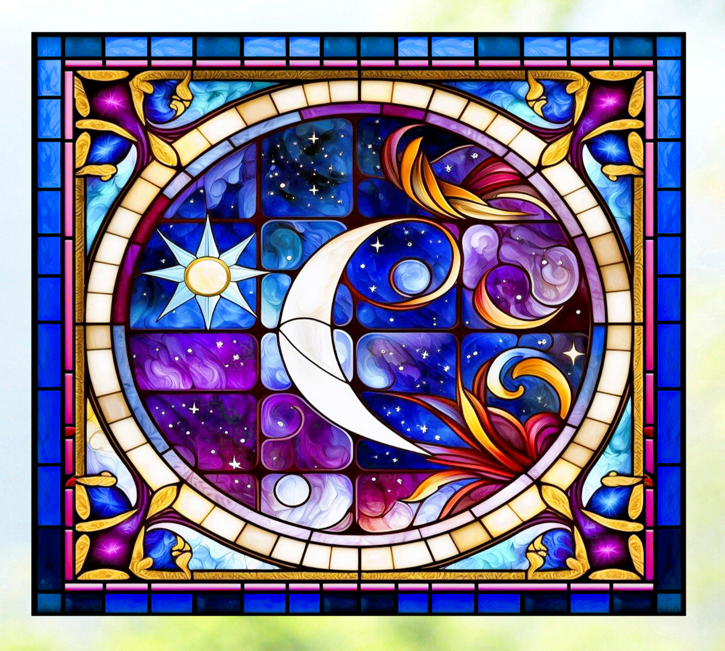 Celestial Moon & Stars Faux Stained-Glass WINDOW CLING Size 9″ Rectangle ~ Vinyl