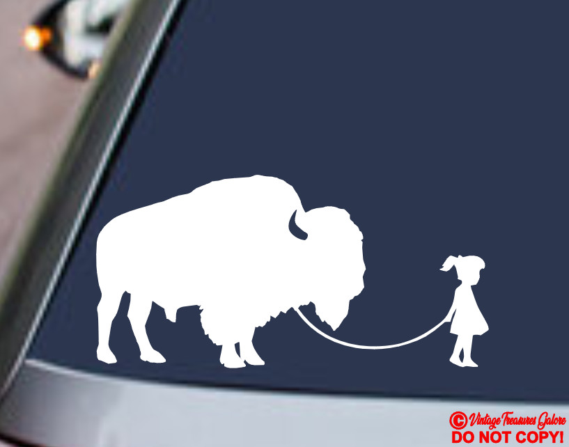 GIRL WALKING A BUFFALO Vinyl Decal Sticker Car Rear Window Wall Bumper Bison Jdm