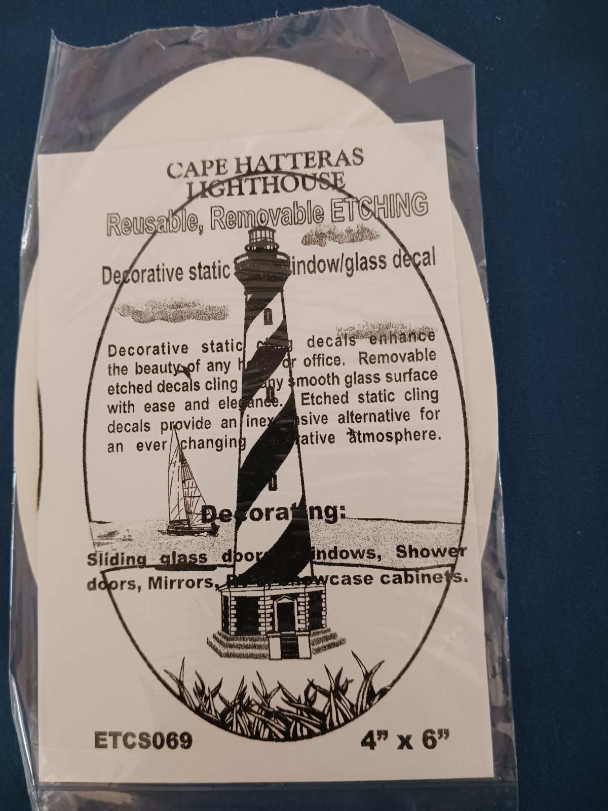 Hatteras Lighthouse Decal 10.5″x16″ OVAL Etched Look Cling Removable&Reusable 69