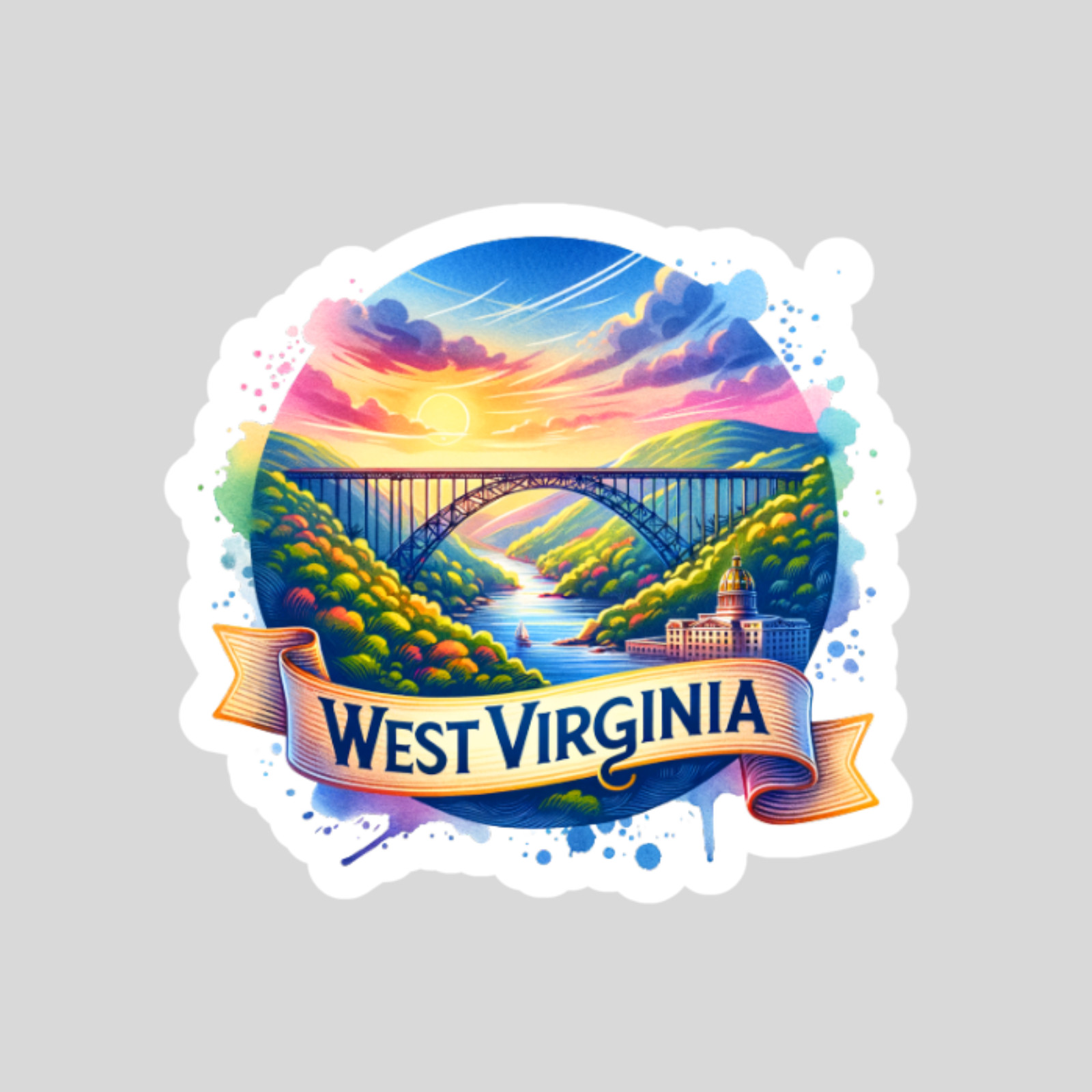 West Virginia sticker vinyl decal watercolor bridge state novelty mug car 6″