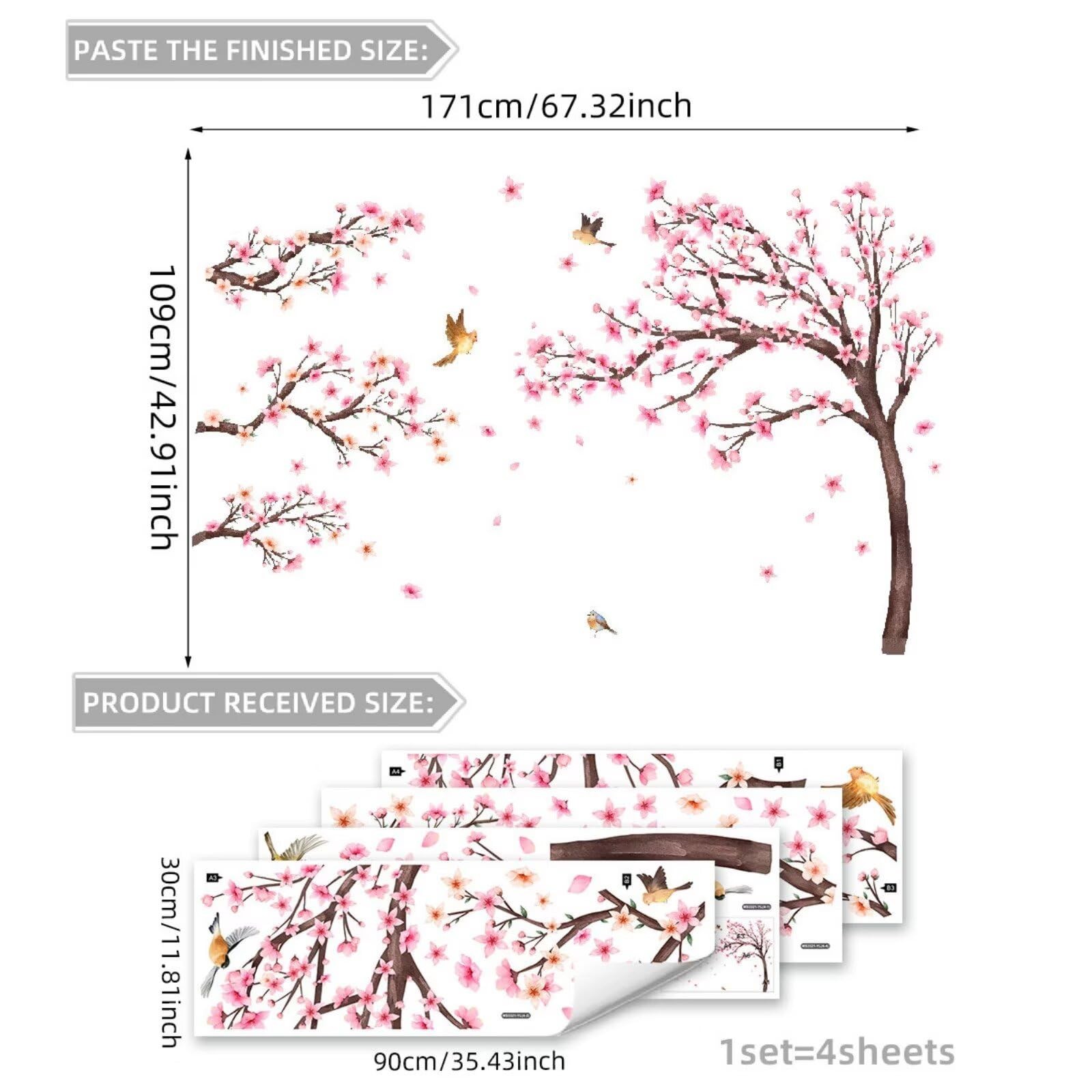 Large Cherry Blossom Tree Floral Wall Stickers Pink Flower Tree Branch Birds …
