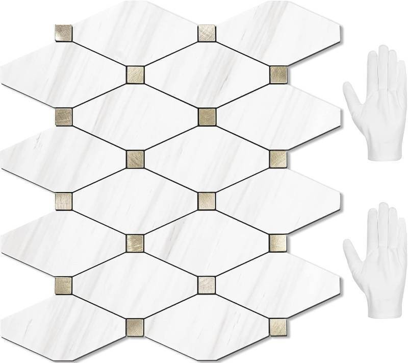 STICKGOO 10 Sheets Peel and Stick Dolomite Mosaic Tile, White Marble/Metal Look