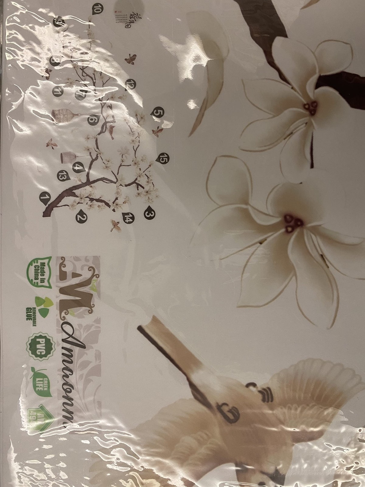 Removable Chinese Style Wall Stickers – White Flowers, Black Tree & Birds Decor,