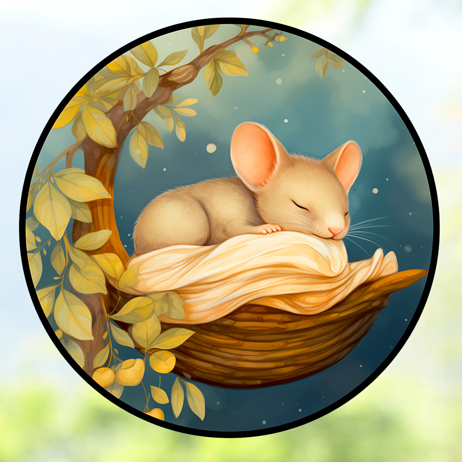 Cute Sleeping Mouse WINDOW CLING Size 8″ Round Repositionable Vinyl