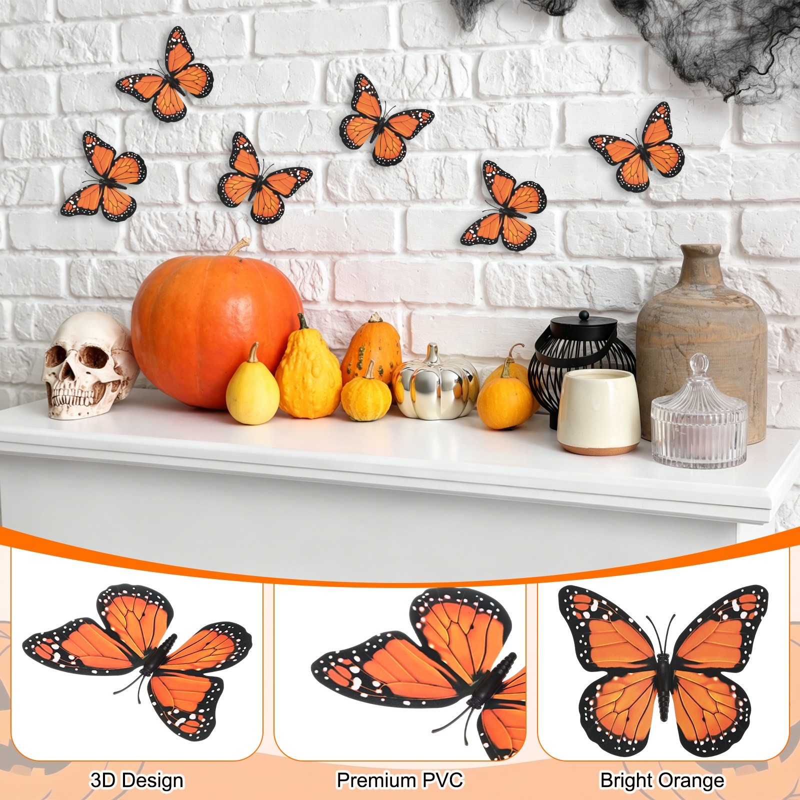24pcs 3D Monarch Butterfly Decorations, for Wall [Orange, 10x8cm]