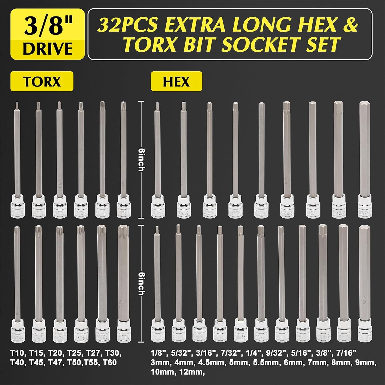 32PCS 3/8″Dr. Extra Long Hex and Torx Bit Socket Set, CR-V, S2…