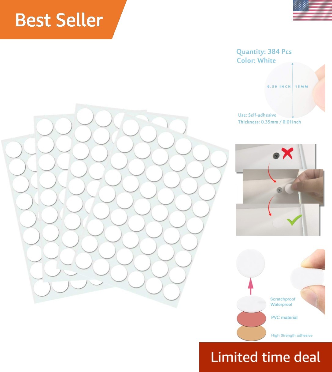 Elegant Self-Adhesive Screw Hole Covers – 384pcs, 15mm White Dustproof Stickers