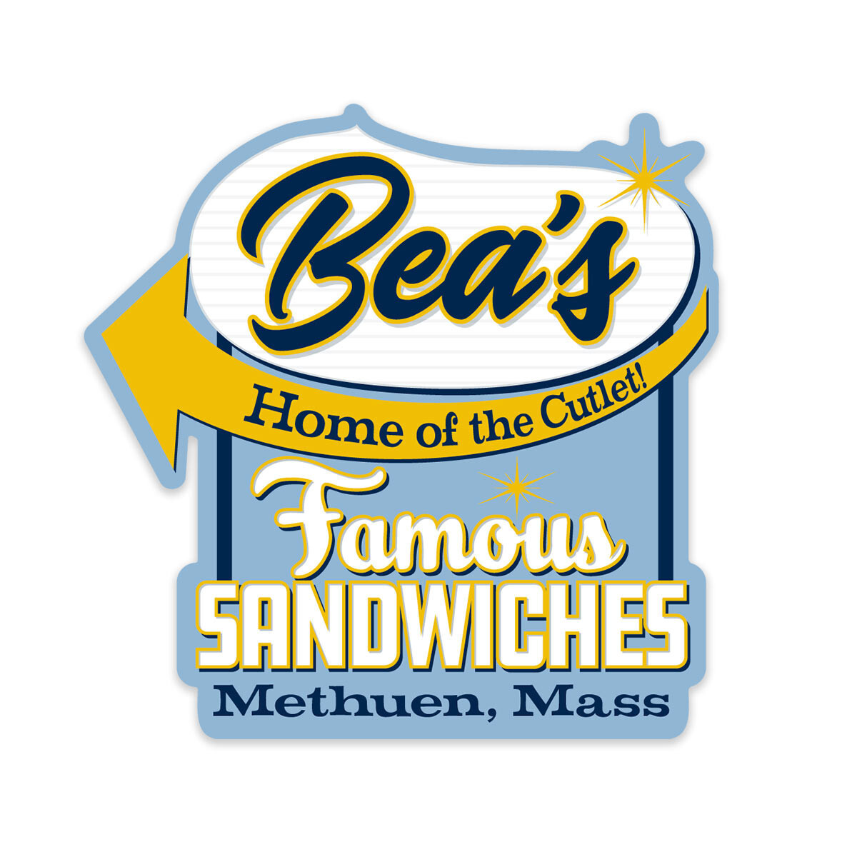 Bumper Sticker; Bea’s Famous Sandwiches Die Cut Sticker, Vintage Sub Shop