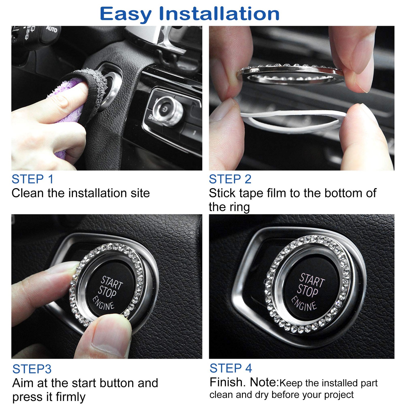 2pcs Bling Car Engine Start Button Cover Diamond Crystal Push Start Stop Butt…