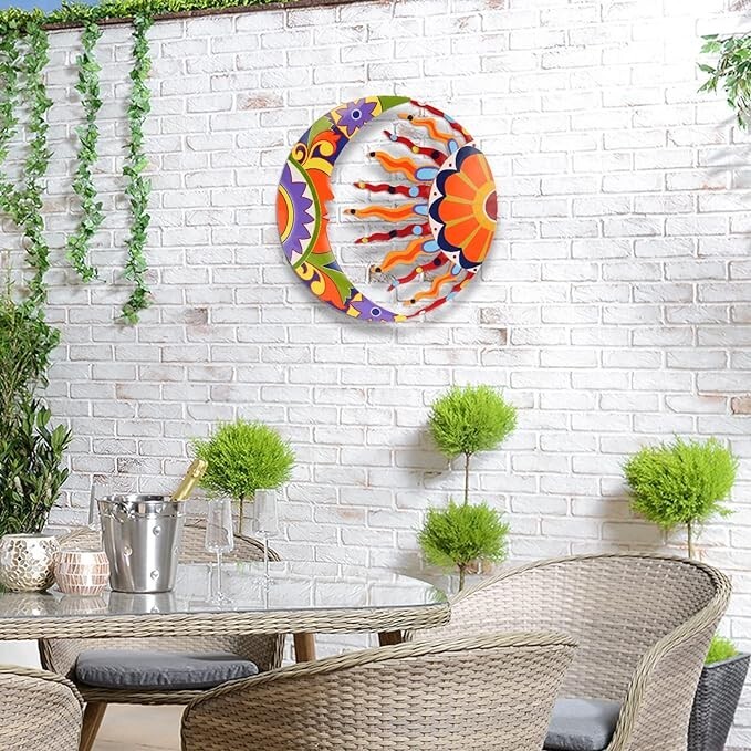 Decoración de arte de pared de sol y luna de metal 16″ colorido talavera. neuvo.