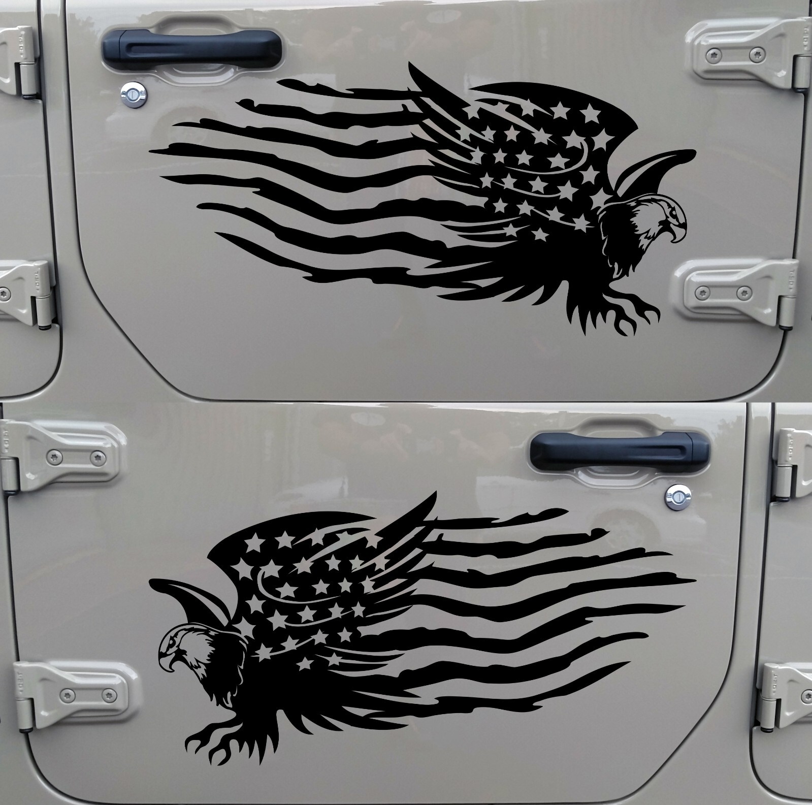 Set of 2 American Flag with Bald Eagle Vinyl Decal – Mirrored Distressed – Die C