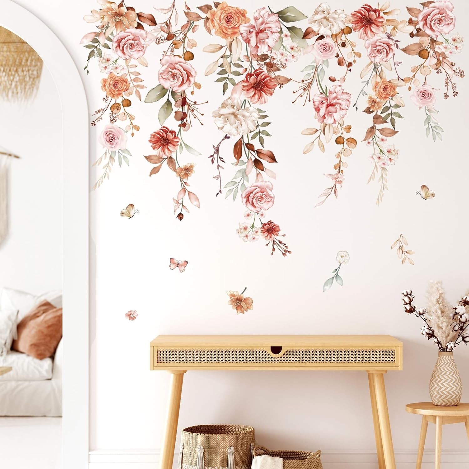 Hanging Flower Vine Wall Stickers Boho Floral Leaves Peel & Stick Wall Art