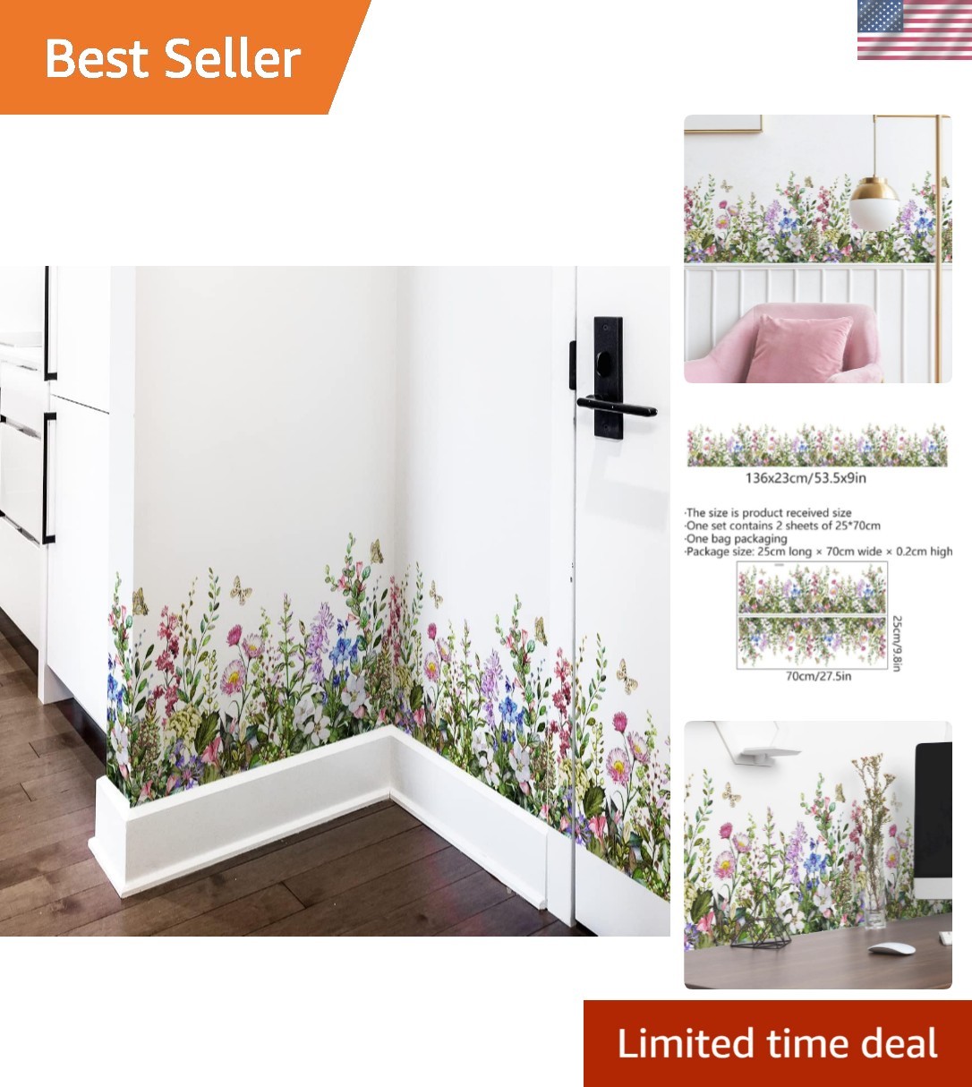 Colorful Corner Wall Stickers with Flowers and Butterflies – Easy to Install