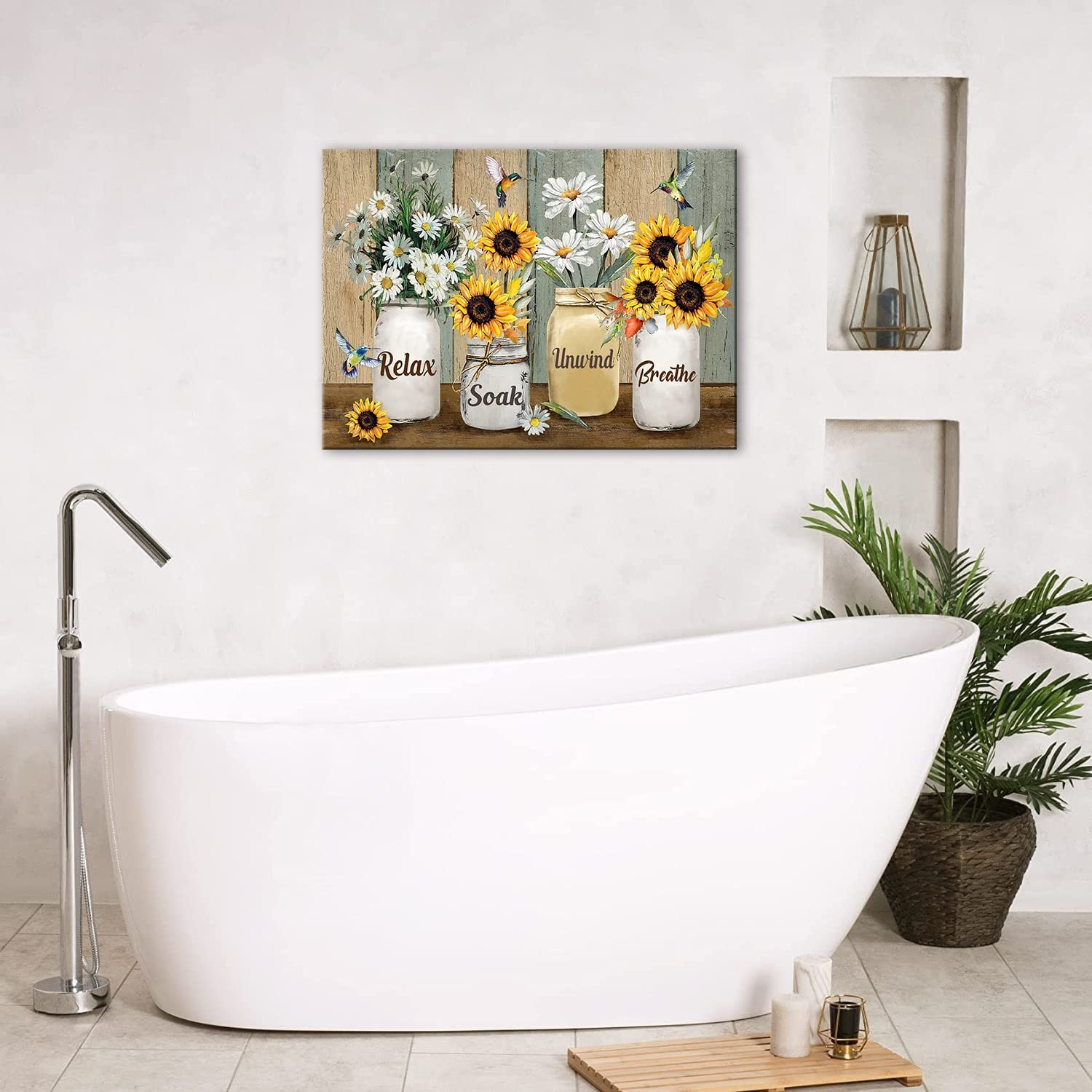 Farmhouse Sunflower Daisy Bathroom Decor Wall Art Rustic Hummingbird Yellow F…