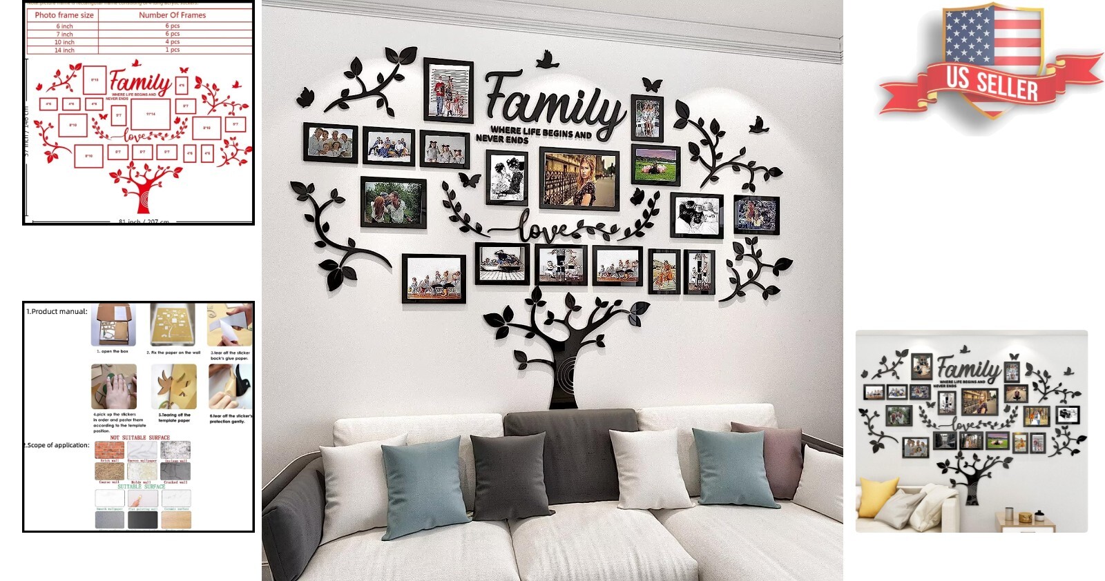 Premium Family Tree Wall Sticker – Acrylic – 57”x81” – 17 Picture Frames
