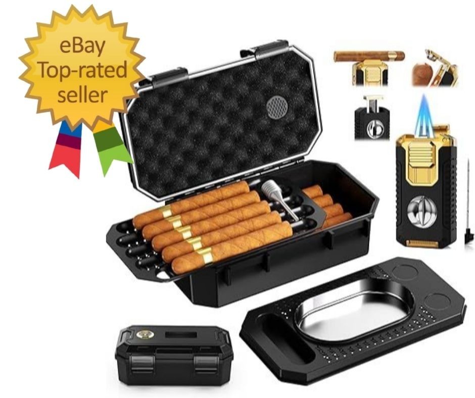 Travel Cigar Humidor Box Set with Cigar Ashtray, Cigar Torch Lighter, Built-In V