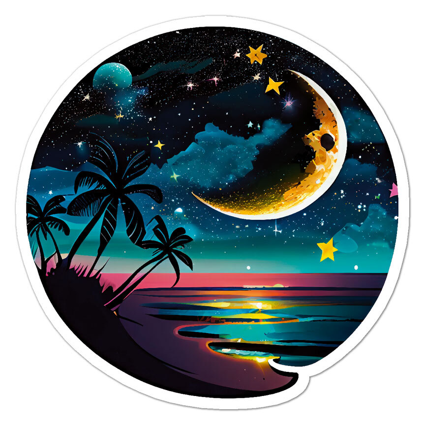 Moon Stars Island, Vinyl Decal Sticker, Indoor Outdoor, 3 Sizes, #9805