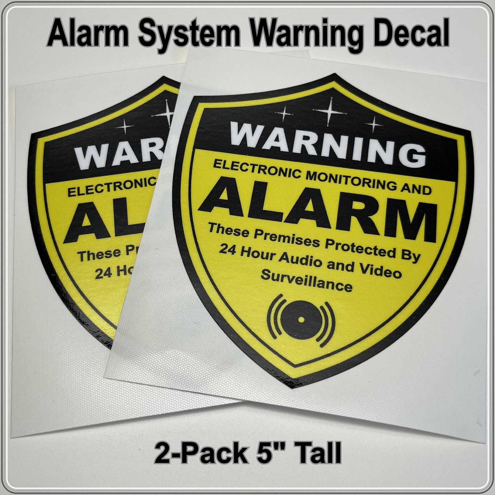 2-Pack Alarm System Warning Decals 5″ Shield Shape Black and Yellow for Windows