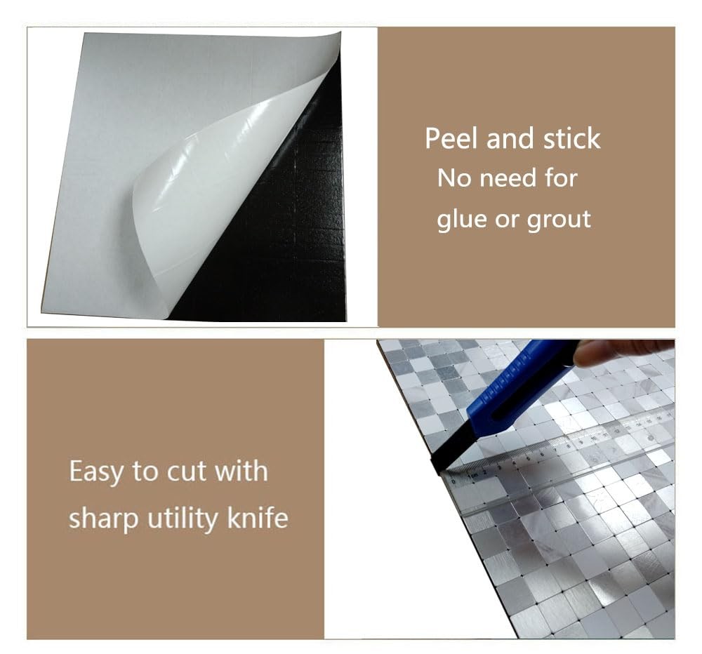-Adhesive Metal Backsplash, Peel and Stick Tile for Kitchen Brushed Aluminium…