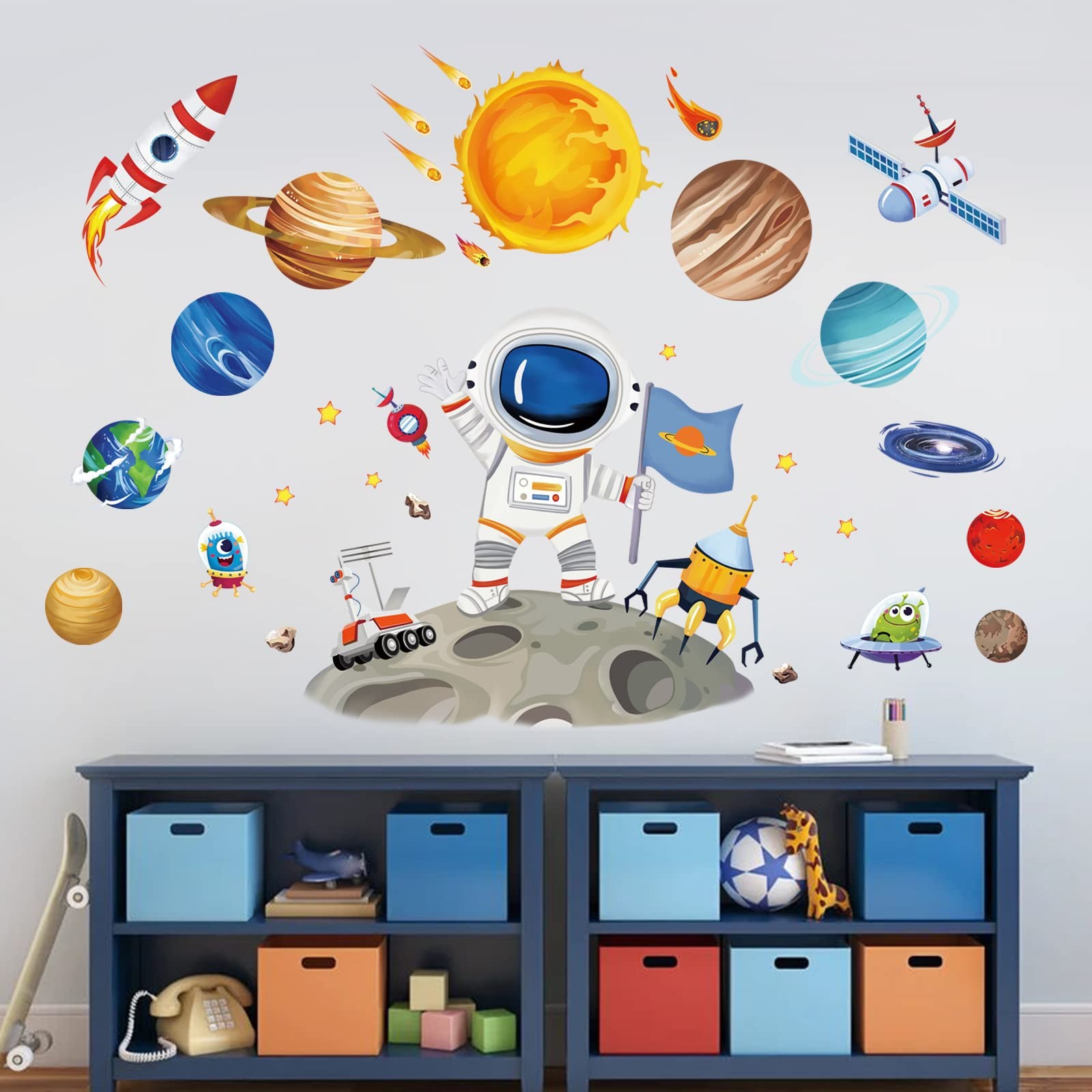Outer Space Astronaut Wall Stickers Planets Rocket Peel and Stick Wall Art De…