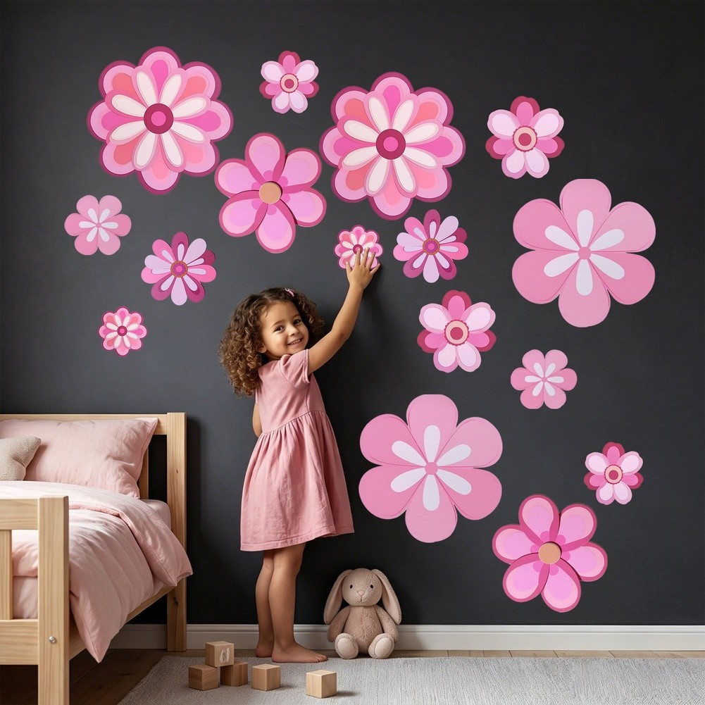 Floral Pink Wall Decals Set 16 Removable Vinyl Stickers for Room Decor