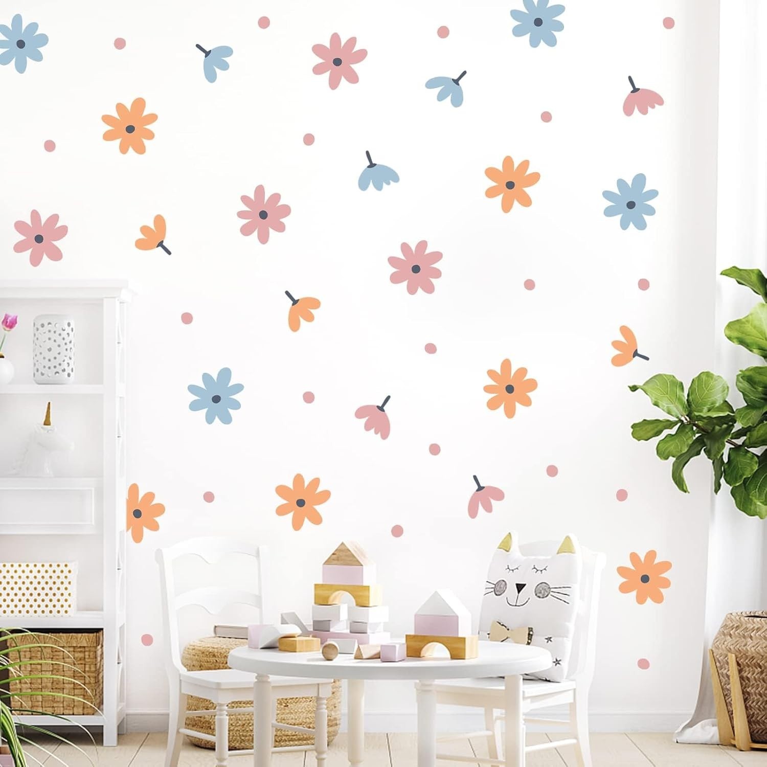 Waterproof Floral Wall Decals – Retro Daisy Decor for Kids’ Rooms, 44 Stickers