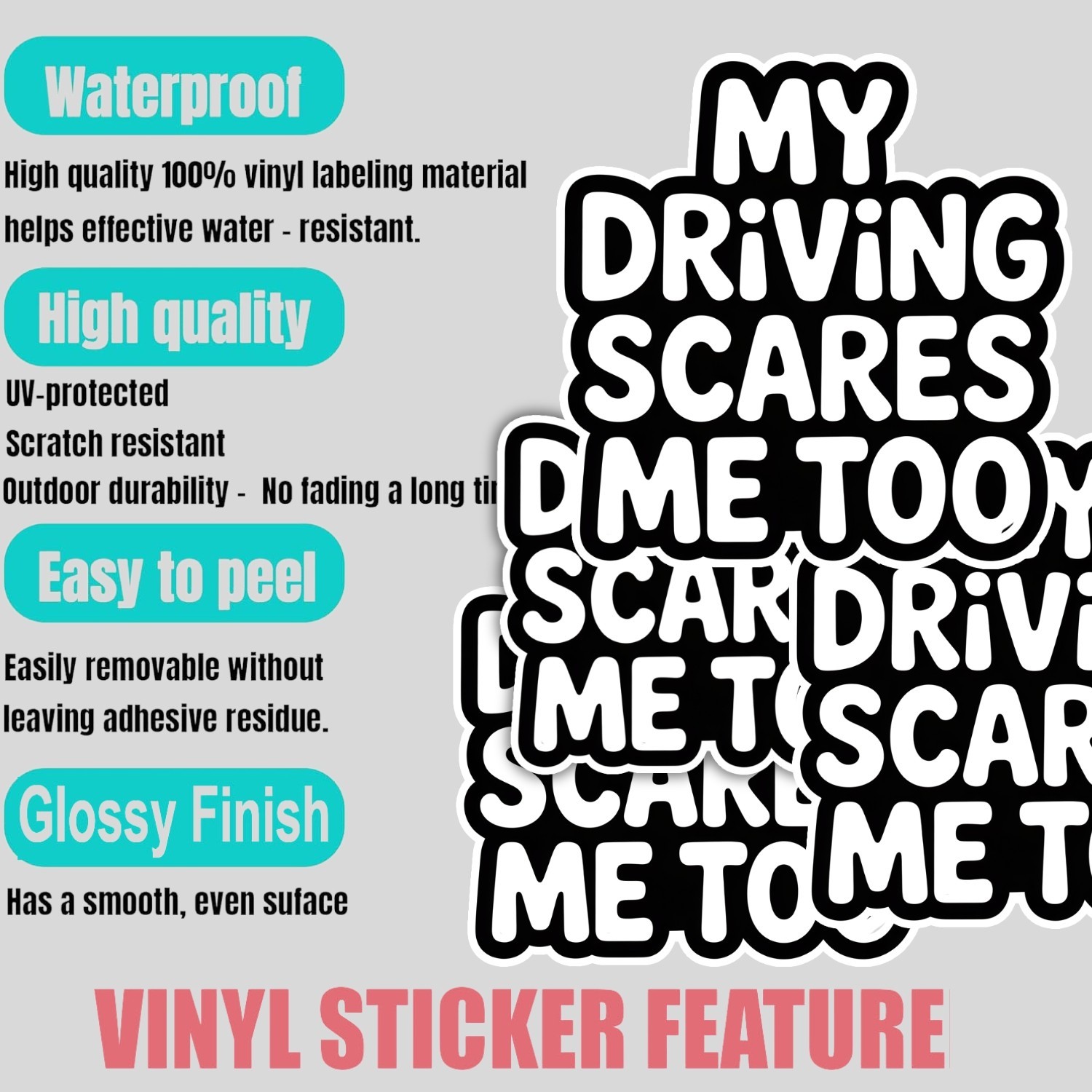 Funny “My Driving Scares Me Too” Stickers: 4-Pack Waterproof Vinyl Decals