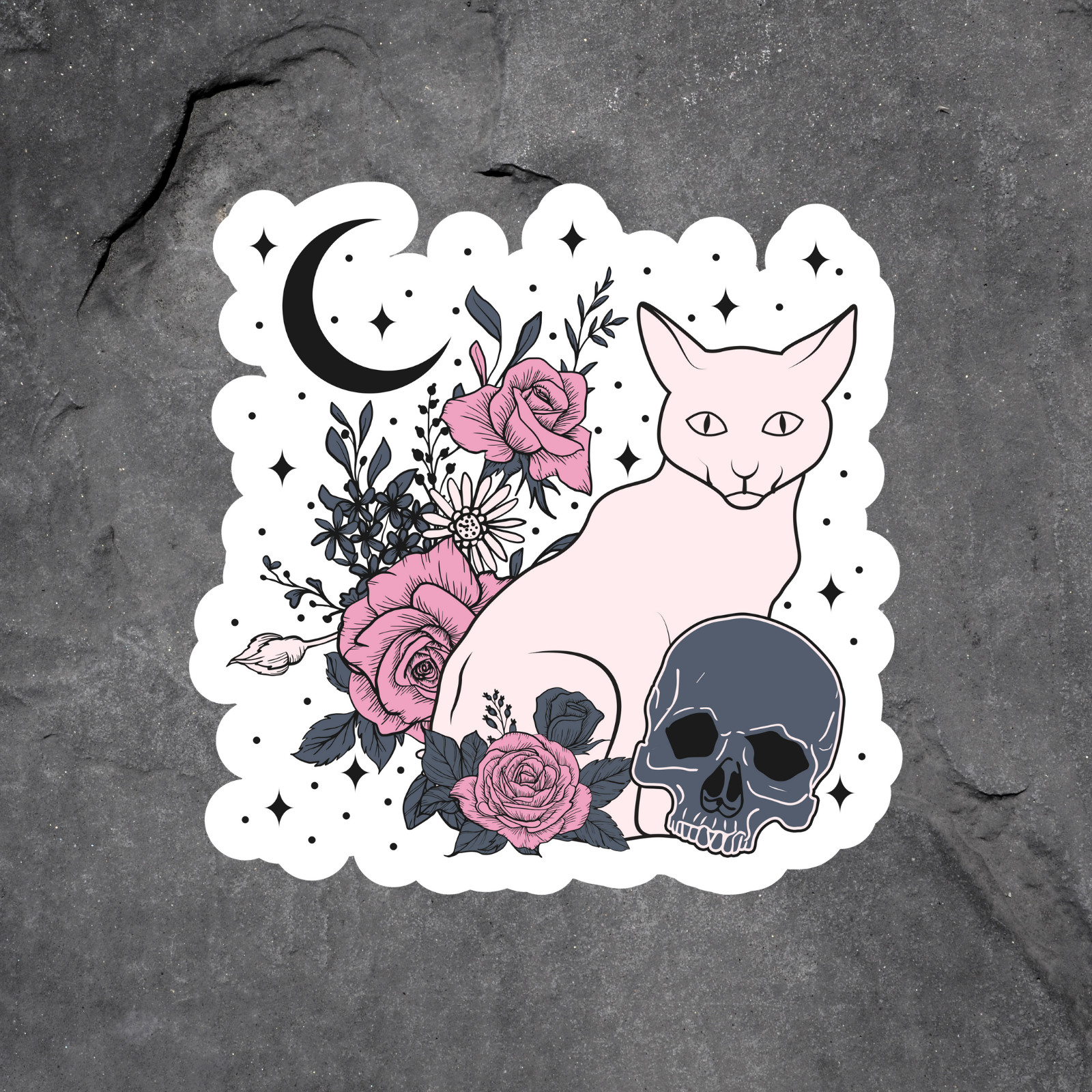 Cat Sticker Vinyl Decal Gothic Floral Skull Moon Witchy Aesthetic