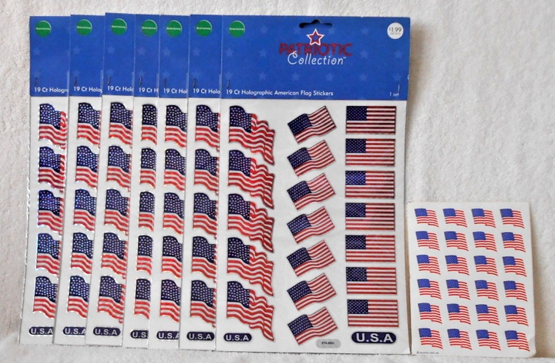 OTHER – PATRIOTIC HOLOGRAPHIC AMERICAN – 7 SHEETS, 19 CT – FLAG STICKERS – NEW!