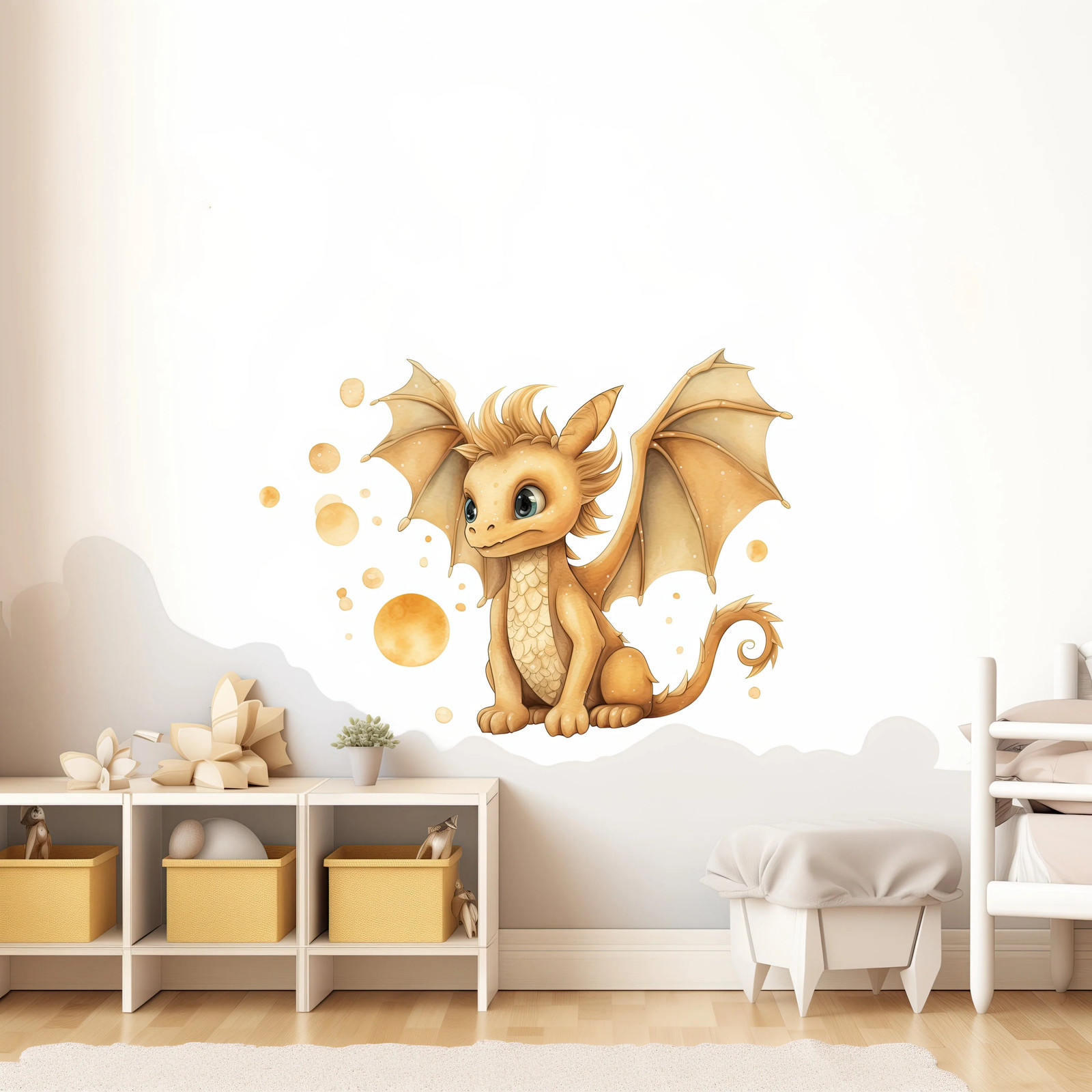 Enchanted Gold Dragon Wall Decal – Whimsical Baby Dragon Sticker Mural –