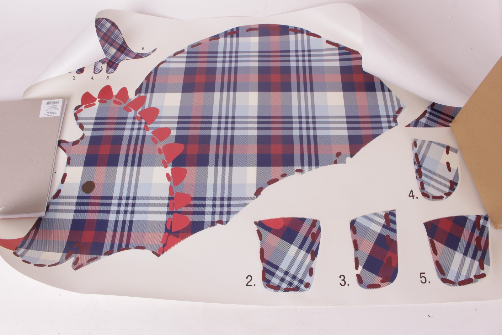 Pottery Barn Kids Madras Dino removable wall decal, dinosaur, red blue plaid 5′