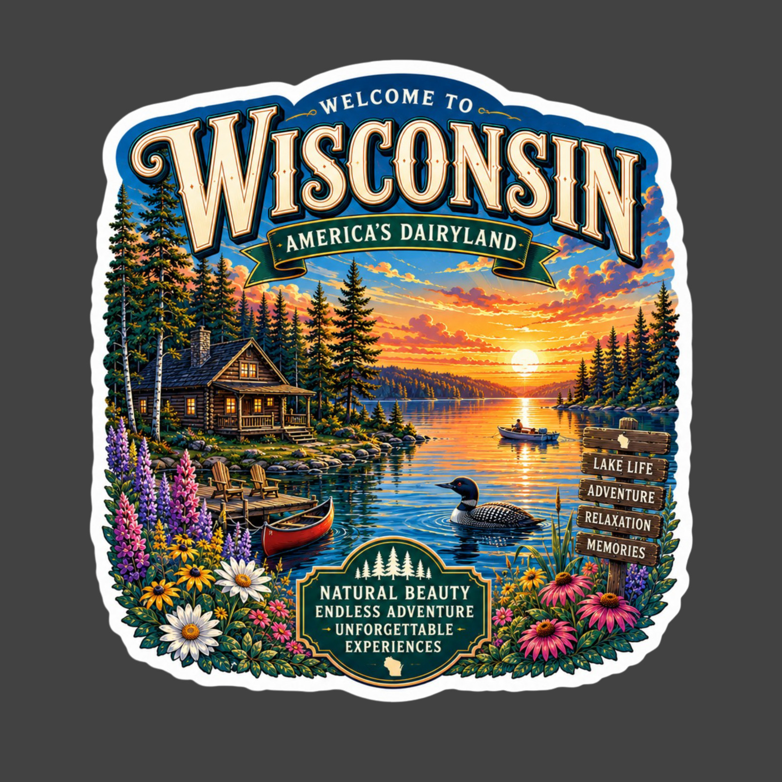 Wisconsin Sticker Vinyl Decal Northwoods Cabin Lake Life Travel Souvenir