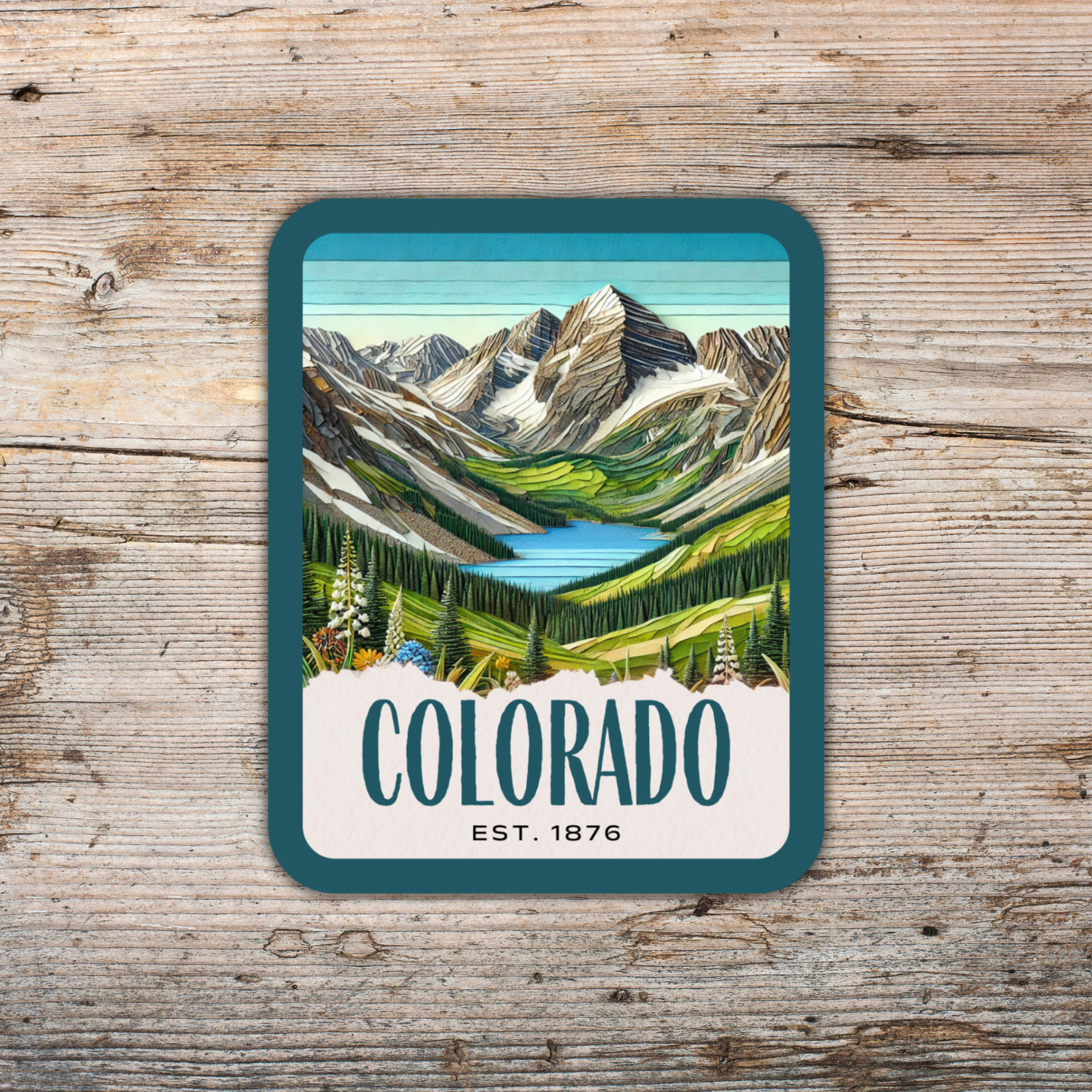 Colorado State Sticker, Paper Collage Look, Rocky Mountain NP Vinyl Decal