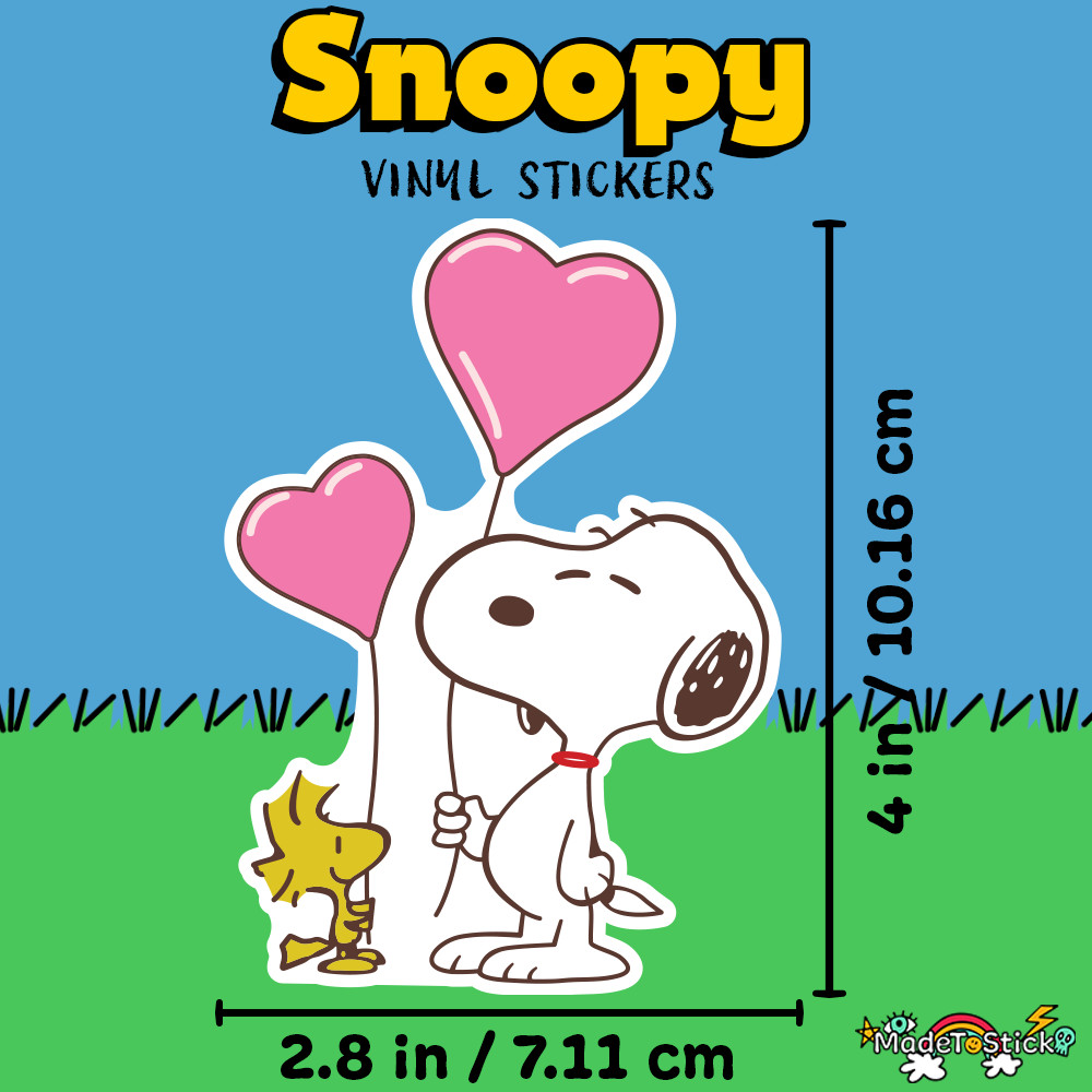 Peanuts Snoopy with heart-shaped balloons next to Woodstock 2.8″W x 4″H