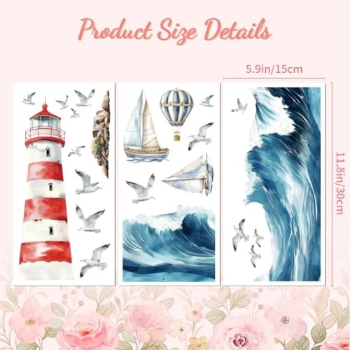 6″x12″ Waterproof Waves & Lighthouse Transfer Decal Stickers for Furniture Craft