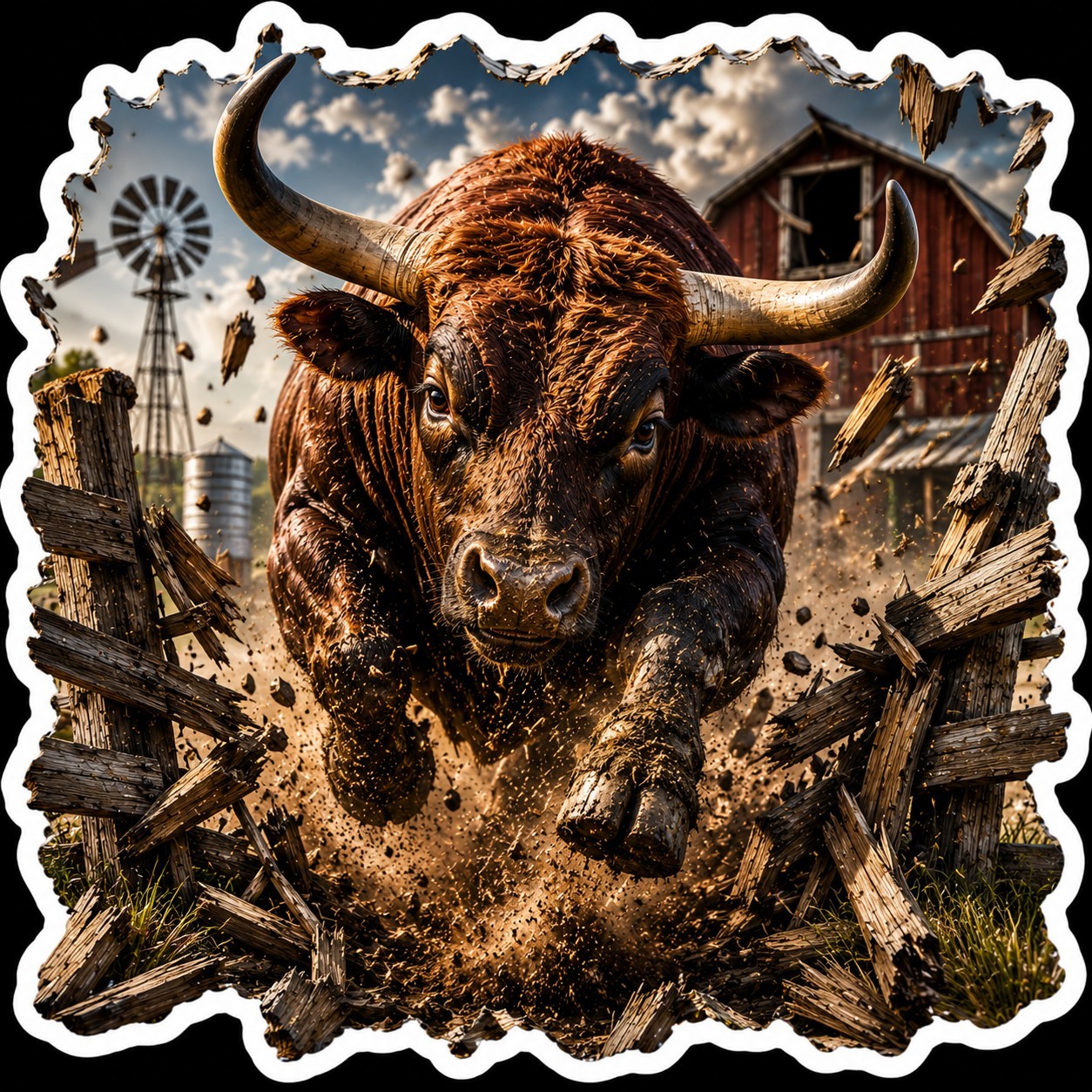 Angry Bull Breaking Fence 3″ Vinyl Die cut decal