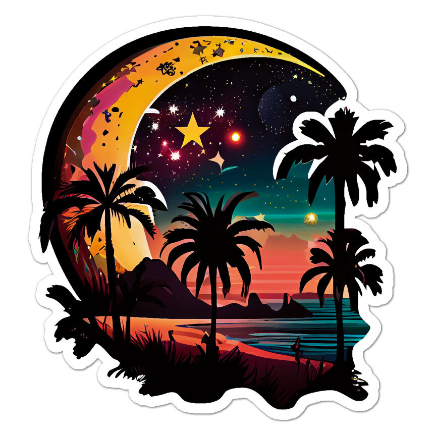 Moon Stars Palm Trees, Vinyl Decal Sticker, Indoor Outdoor, 3 Sizes, #9802