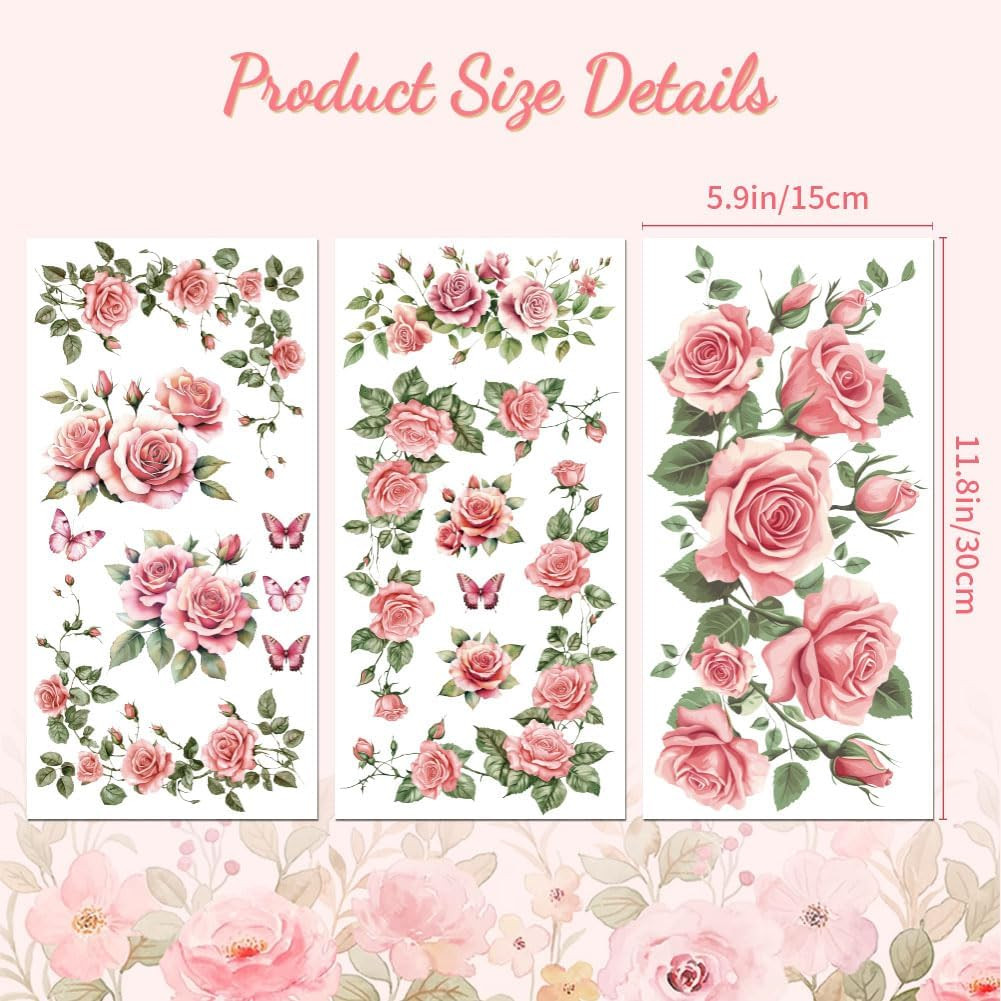 Rub on Transfer Sticker for Furniture Crafts Decor 6″X12″ Pink Rose Vine, 3Pcs W