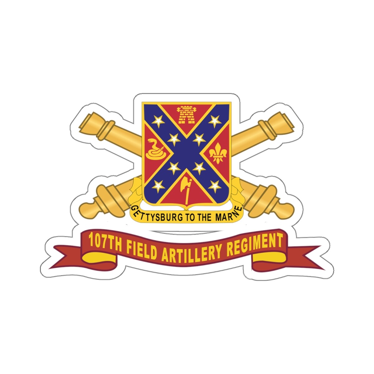 Kiss- Cut Stickers – 107th Field Artillery Regiment – DUI w Br – Ribbon X 300