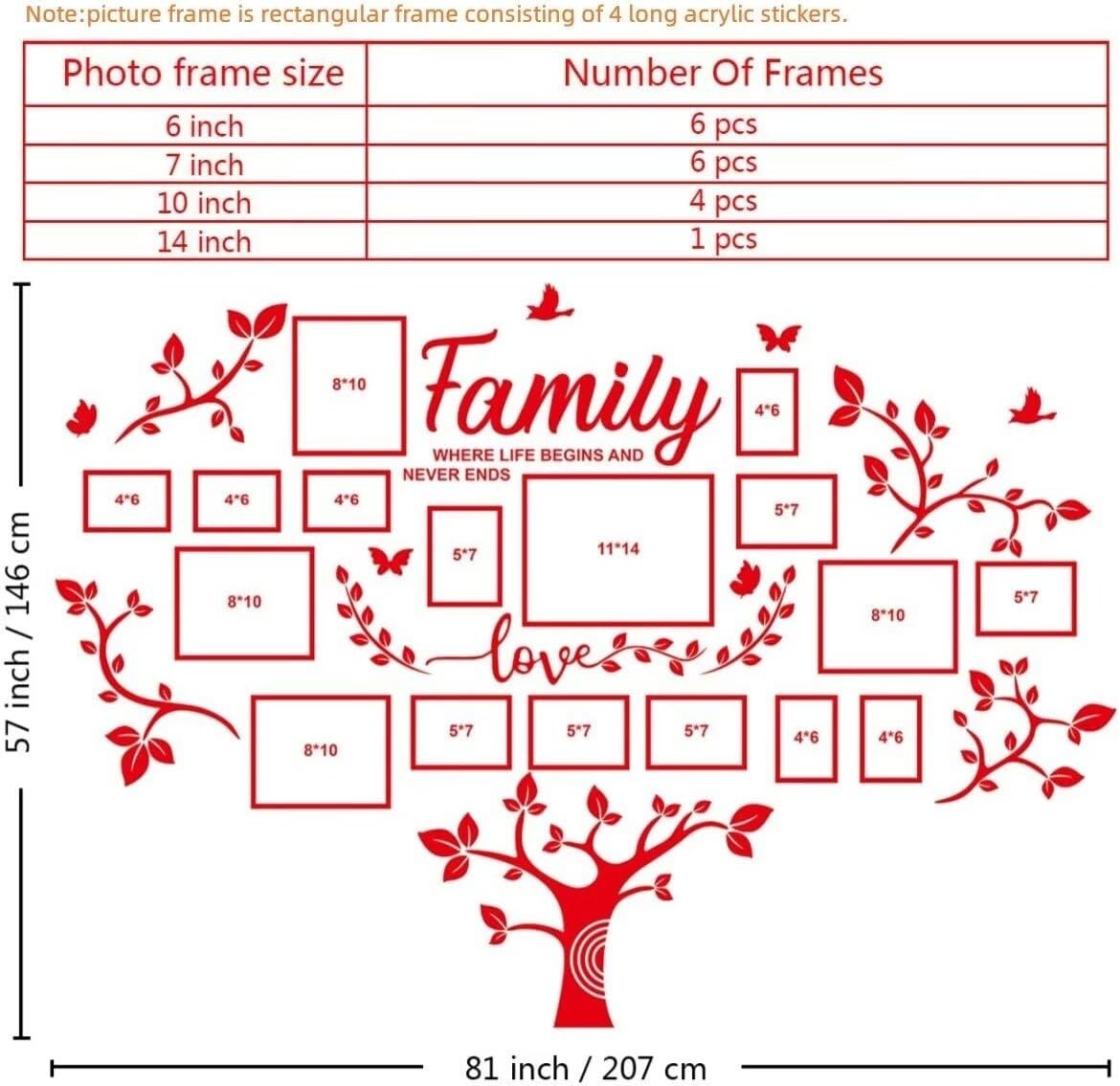 Premium Family Tree Wall Sticker – Acrylic – 57”x81” – 17 Picture Frames