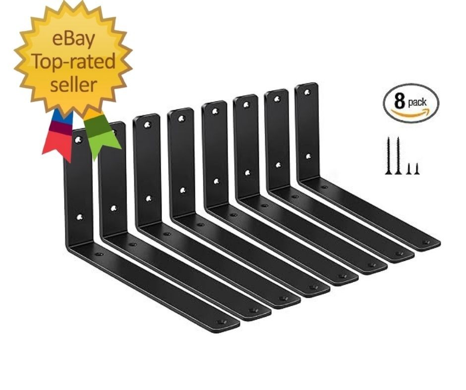 8 Pack – L 10″ x H 6″ x W1.5, 5mm Thick Black L Shelf Bracket, Iron Shelf Bracke