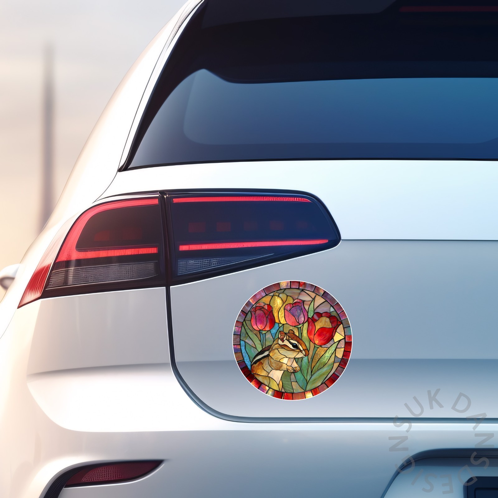 Chipmunk Tulip Flower Spring Stained Glass Style Opaque Vinyl Sticker Decal