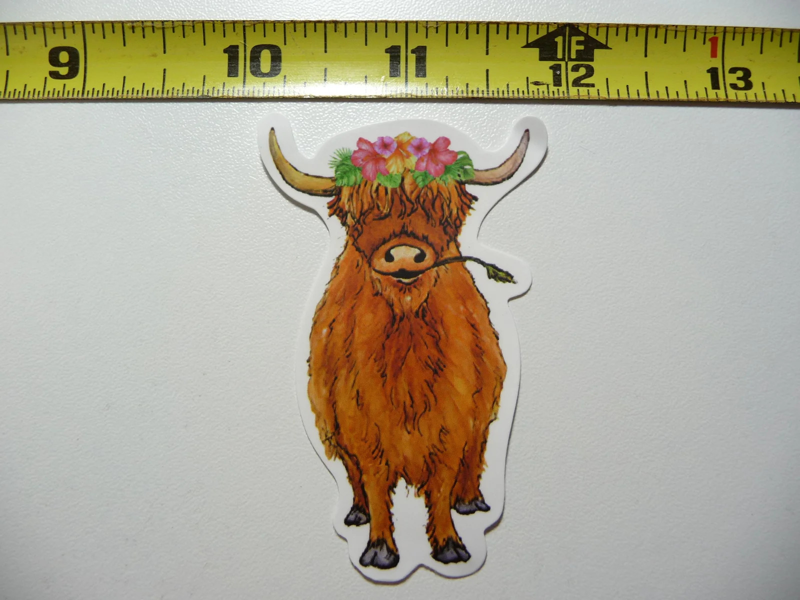 HIGHLAND COW CATTLE FLOWERS ON HEAD STARING SMALL STICKER DECAL FARM LIVESTOCK